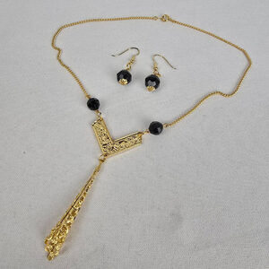 Vintage Gold Tone Black Beaded Y Necklace & Earring Set